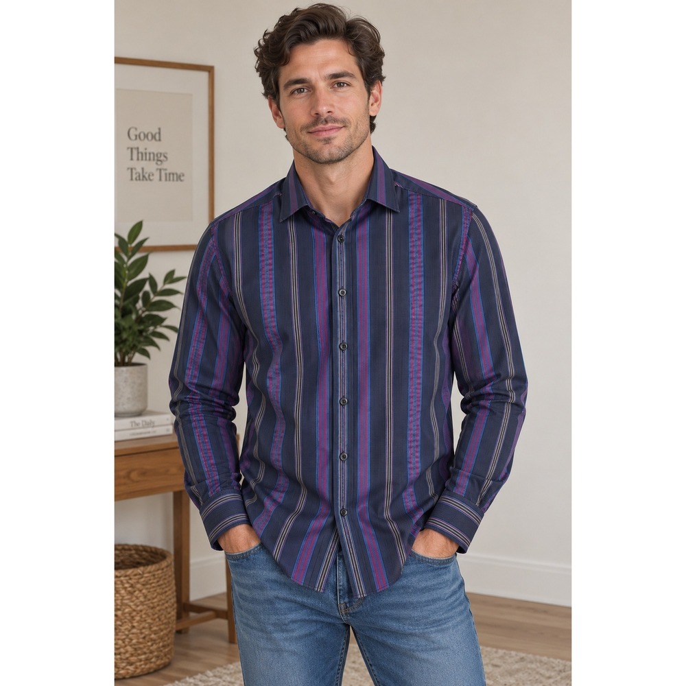 Thomas Dean Cotton Button Down Shirt Mens Medium Navy Blue Striped Fall Office
